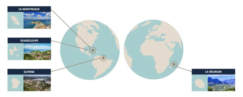 Carte des territoires concernés : Martinique, Guadeloupe, Guyane et La Réunion